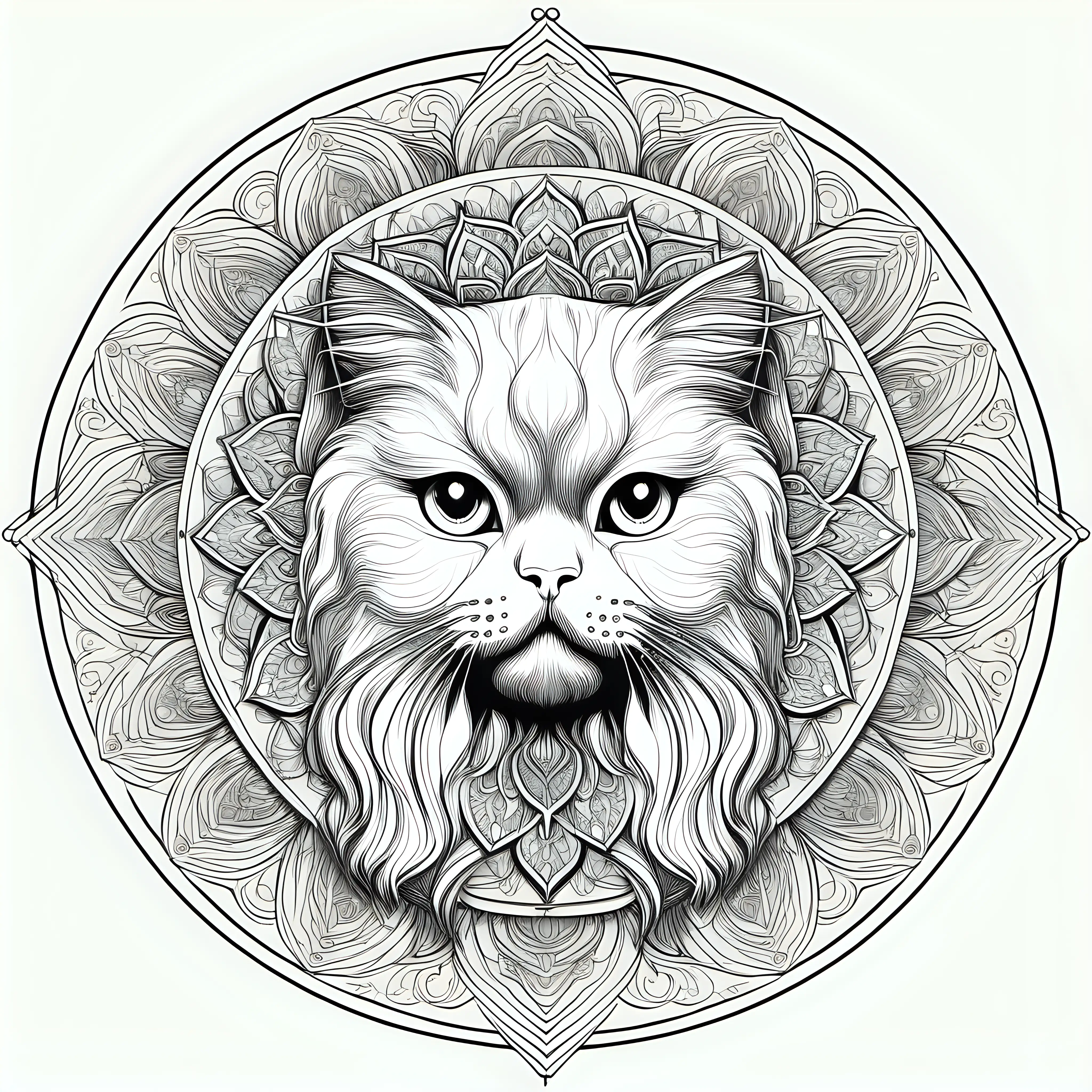 persian cat head mandala, vector, HD, white background, fine art line, less details