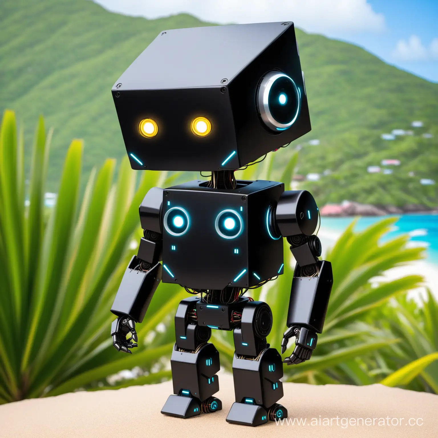 He is cute black robot and Resident American Virgin Islands. he 40 centimeters tall, He is  look like Cordelius