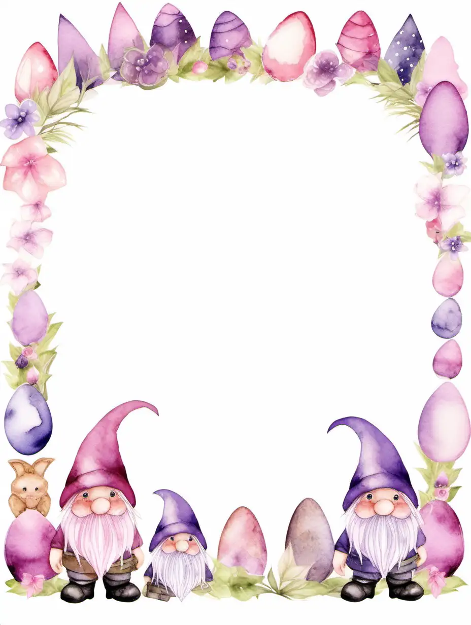 watercolor gnome page border clip art, soft pink and purple, cute, suitable for easter