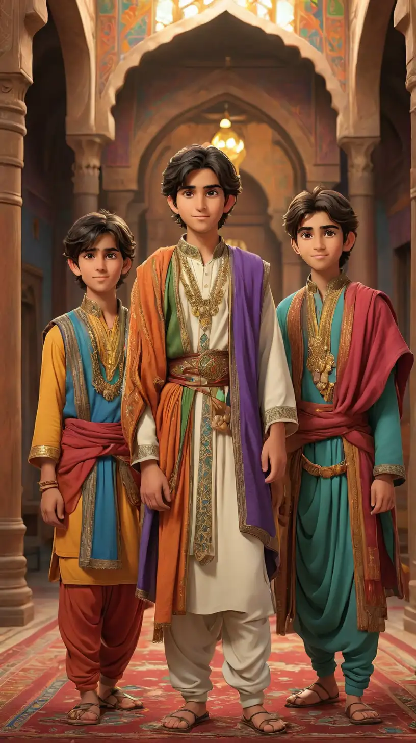 Create a 3D illustrator of an animated scene where a three young attractive princes dressing like Afghani prince, standing in a assembly hall of the kingdom. Beautiful, colourful and spirited background illustrations.