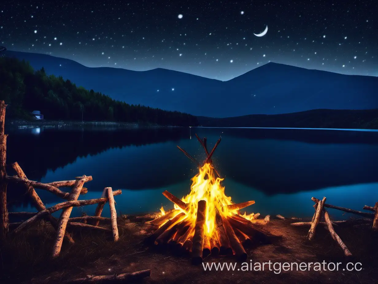Nighttime-Bonfire-by-Mountain-Lake-Under-Starry-Sky-and-Moon