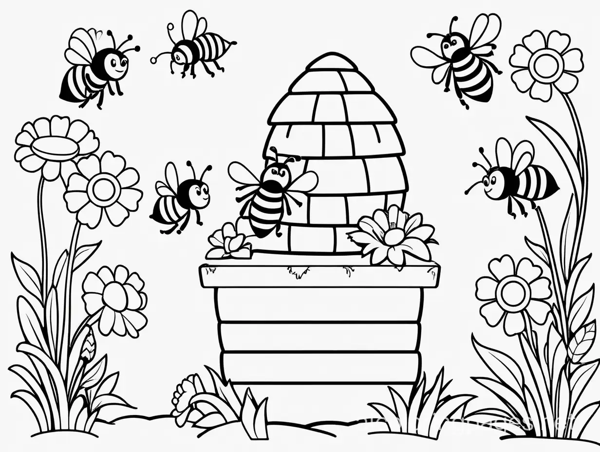 Bees in the hive, Coloring Page, black and white, line art, white background, Simplicity, Ample White Space. The background of the coloring page is plain white to make it easy for young children to color within the lines. The outlines of all the subjects are easy to distinguish, making it simple for kids to color without too much difficulty