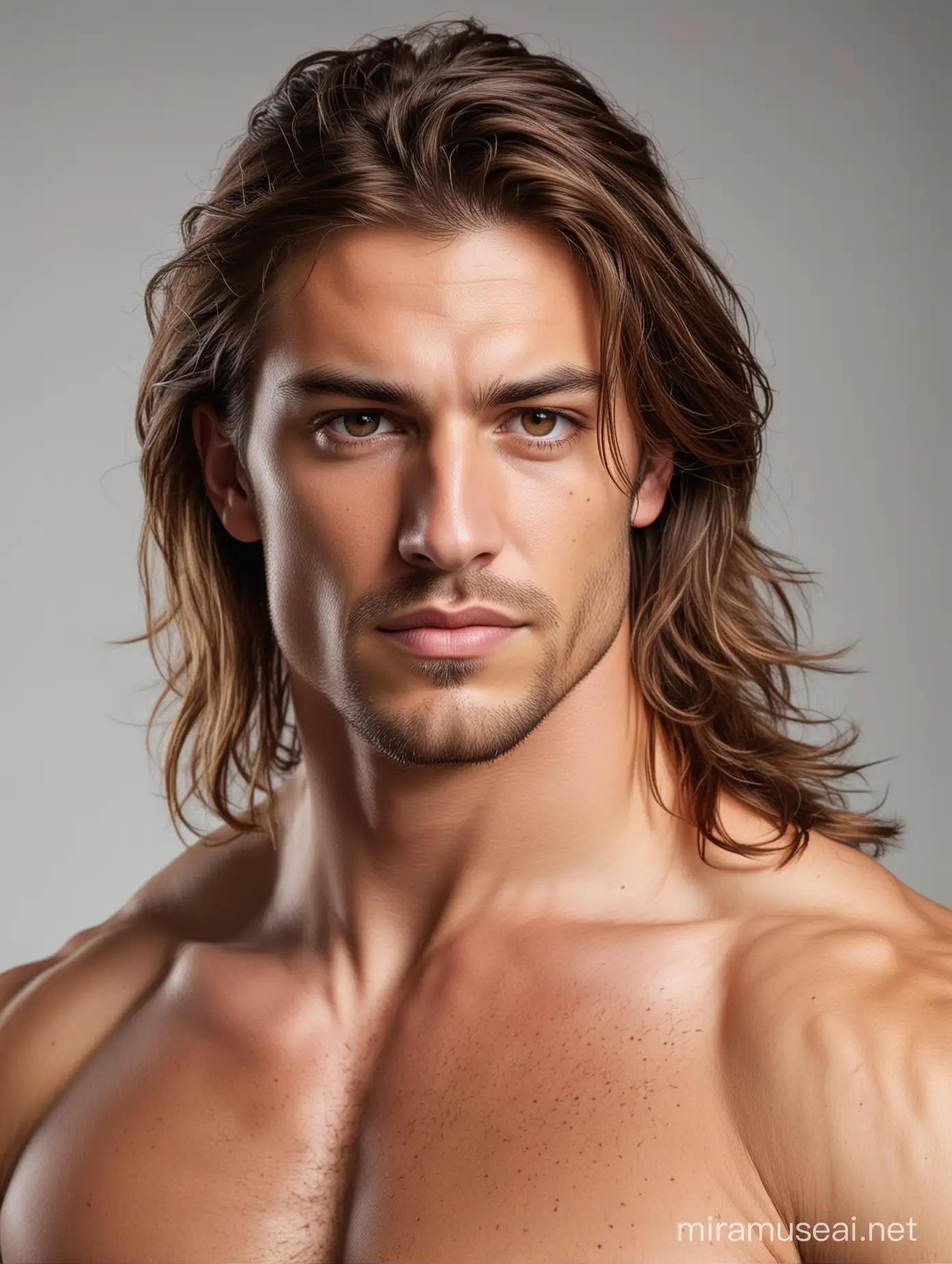 a  handsome man with long brown hair and hazel eyes. Rugged features. Hair up to shoulders. Like a warrior. Whole body. background is white