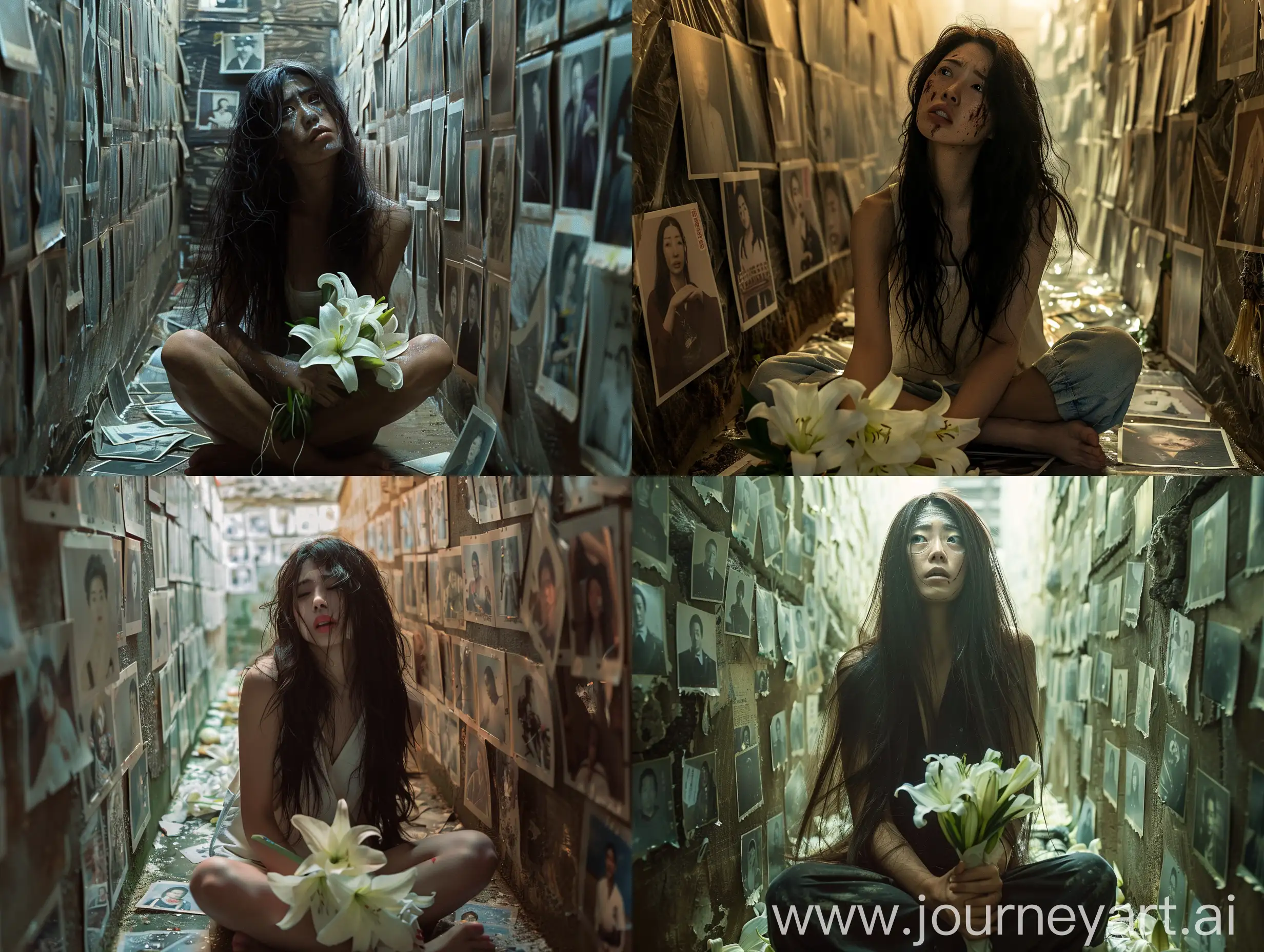 realistic movie stills, full body, full shot, wide shot, A beautiful Japanese woman with long hair is sitting on the ground shivering in a dimly lit narrow room. The walls are covered with real photos of different people. She is holding a bouquet of white lilies in her hand. movie stills, realism, clear light and shadow, movie texture, film photos, expired film, ninja looked melancholy, with a fierce look in his eyes, creating a melancholy atmosphere , an amazing fantasy movie scene, strong dramatic tension, rich details, clear light and shadow, a strong sense of cinema