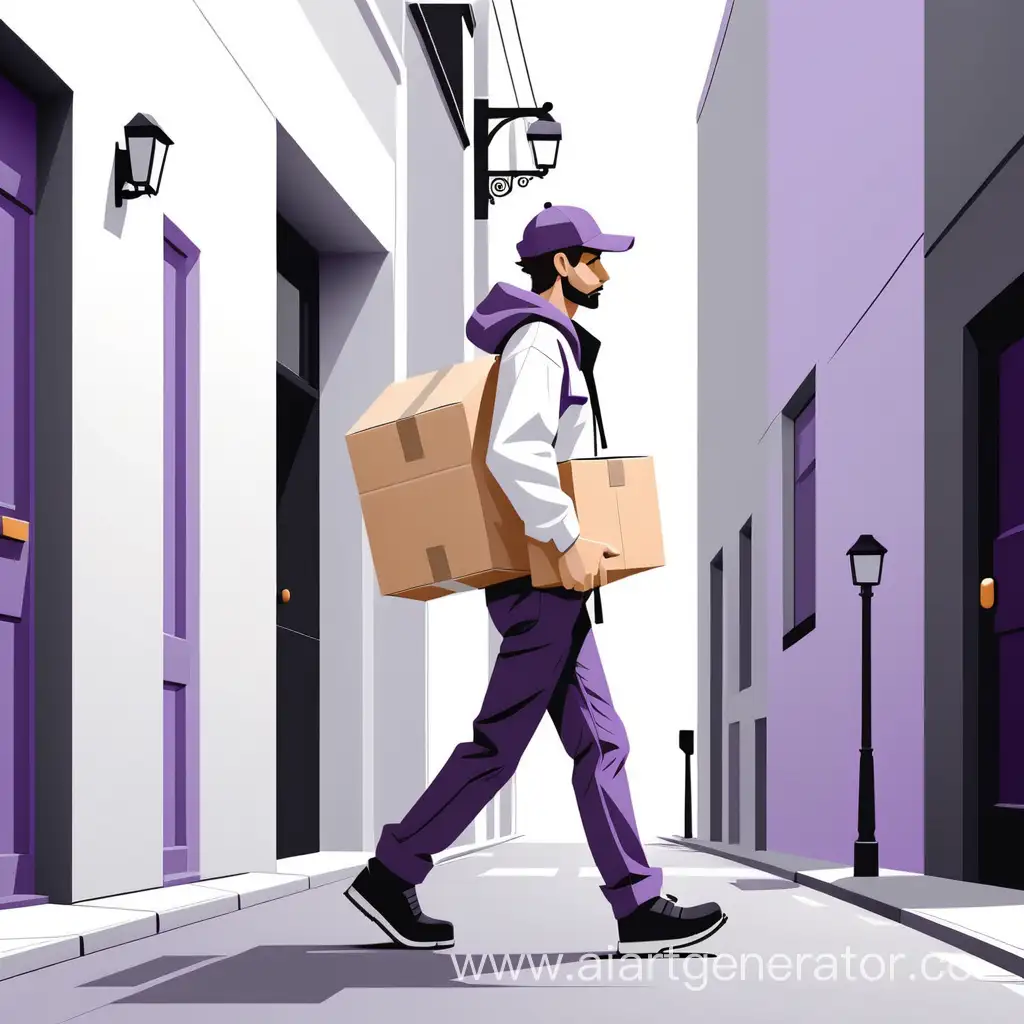 Courier-Walking-Street-with-Package-in-White-and-Purple-Vector-Graphics