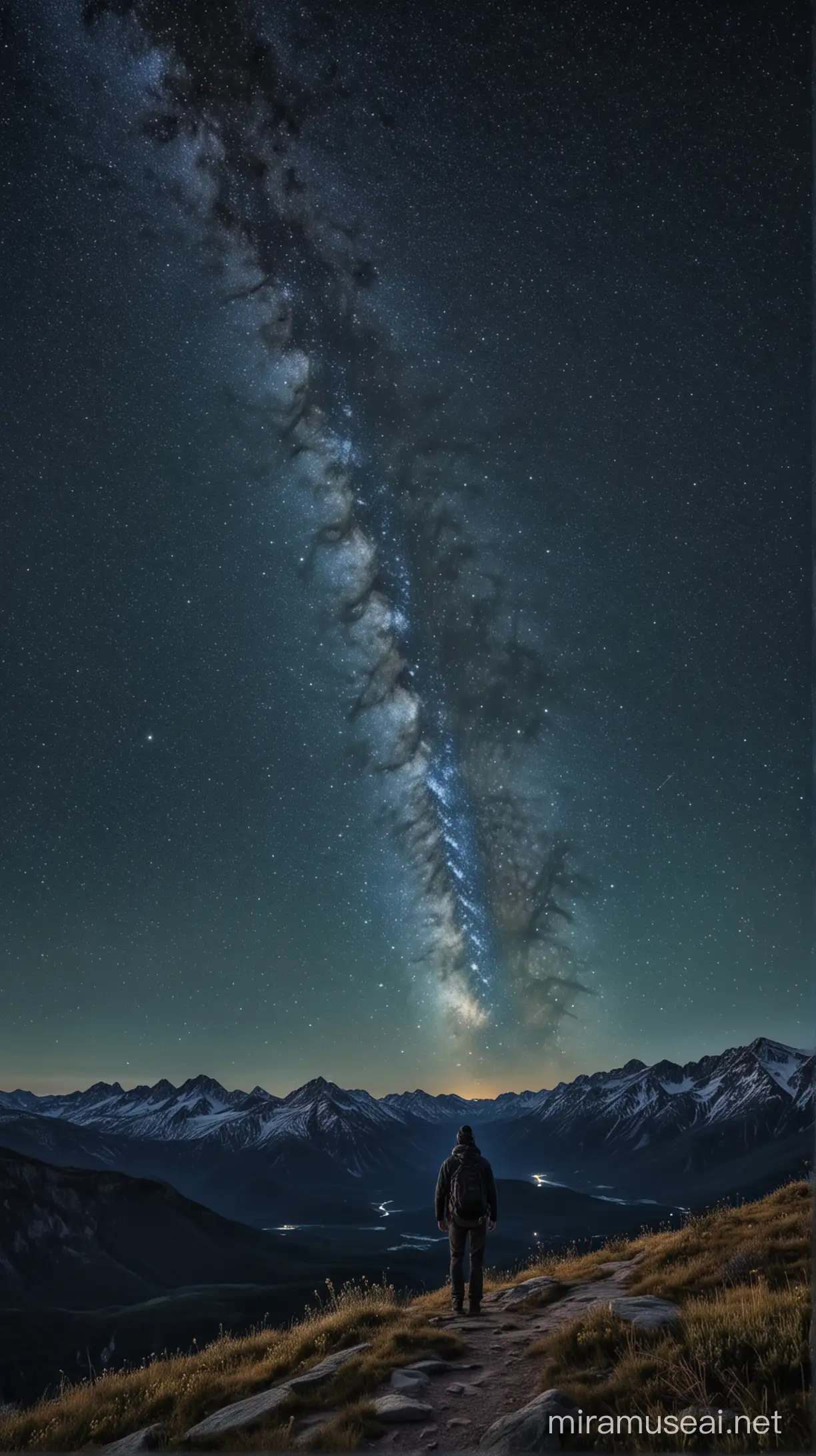 In the quiet stillness of the night, a lone hiker gazes up at the breathtaking display of stars spread across the dark canvas of the sky from the mountain peak. The stars twinkle like diamonds, creating a celestial spectacle above. The hiker, wrapped in a cozy jacket, stands in awe of the cosmic beauty surrounding them. The image is rendered with a blend of deep blues and rich blacks, enhancing the contrast between the hiker and the starlit sky. Each star is meticulously detailed, adding a sense of magic and wonder to the scene. The mood is one of introspection and reverence, as the hiker finds solace in the vastness of the universe 