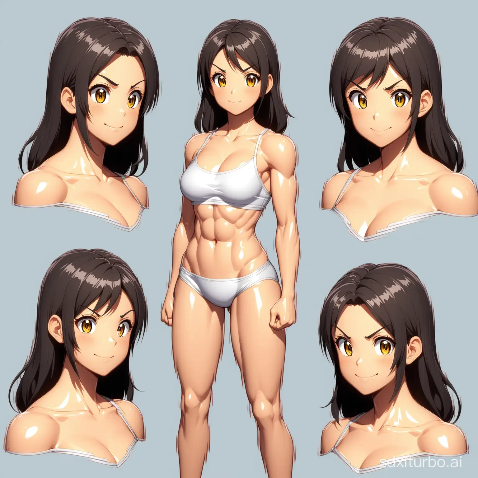 anime style character sheet for 3d modelling, focus on face, multiple face expressions happy fear joy, orthographic, adult fit muscular girl