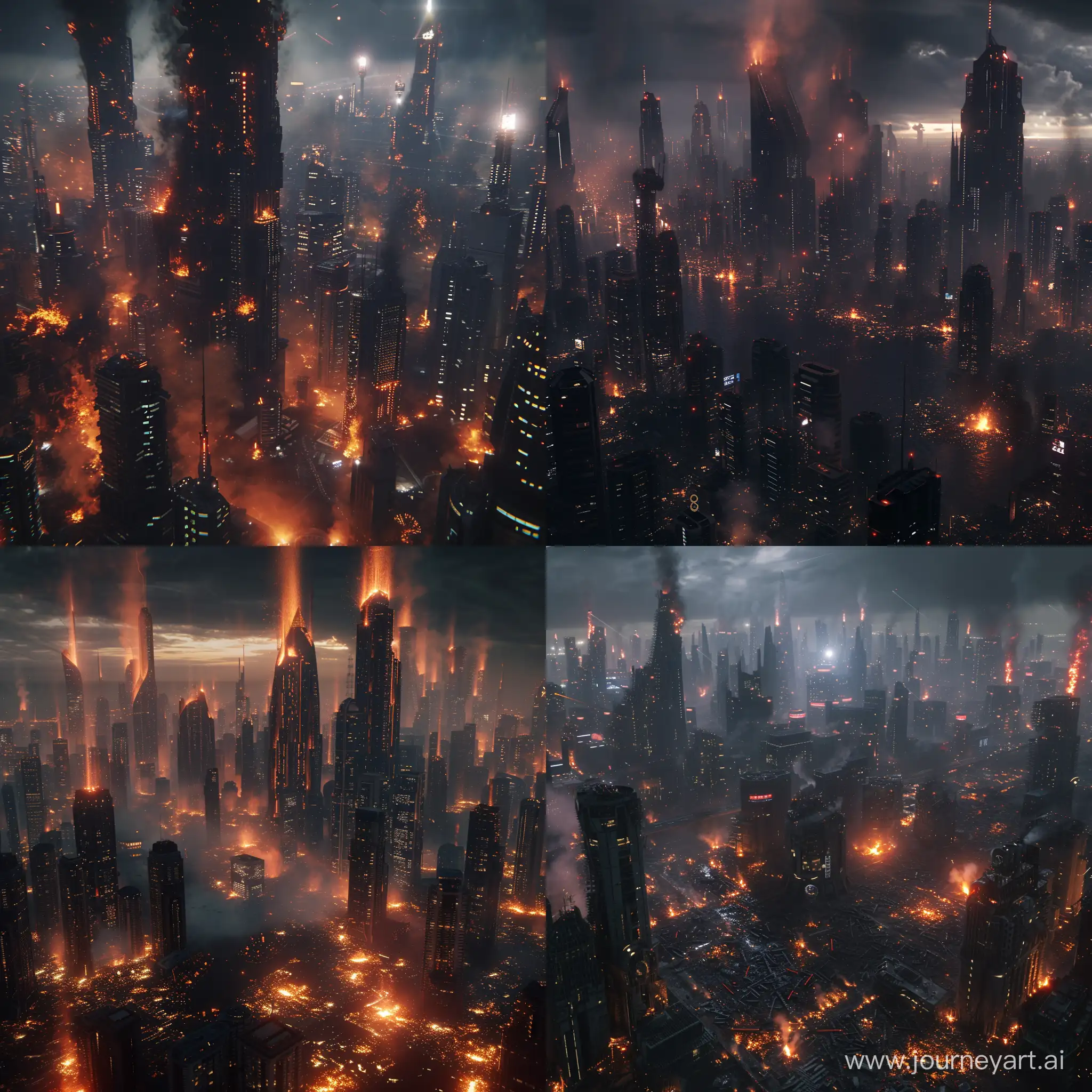 destroyed futuristic city skyline, octane render, 8K, ultra realistic, dramatic light, night, fire, blade runner, wide angle