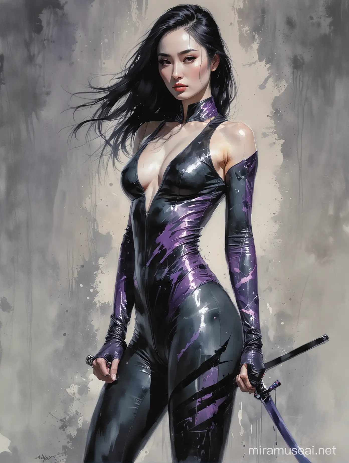Yang Mi in HighNeck Catsuit Wielding Katana with Purple Electricity