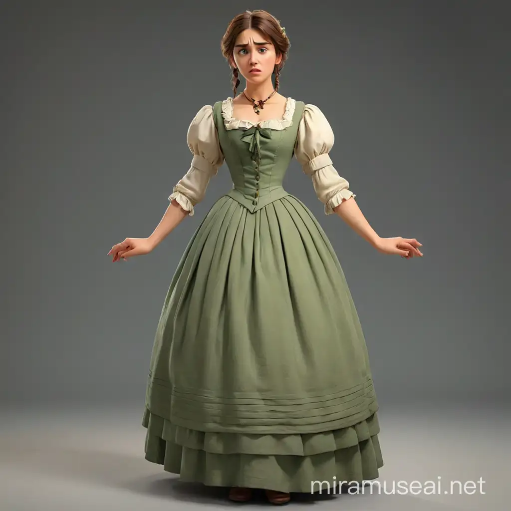 The woman in the late 19th century dress is looking at something with disgust, she is displeased. We see her full-length6 with arms and legs. In the style of realism, 3D animation.