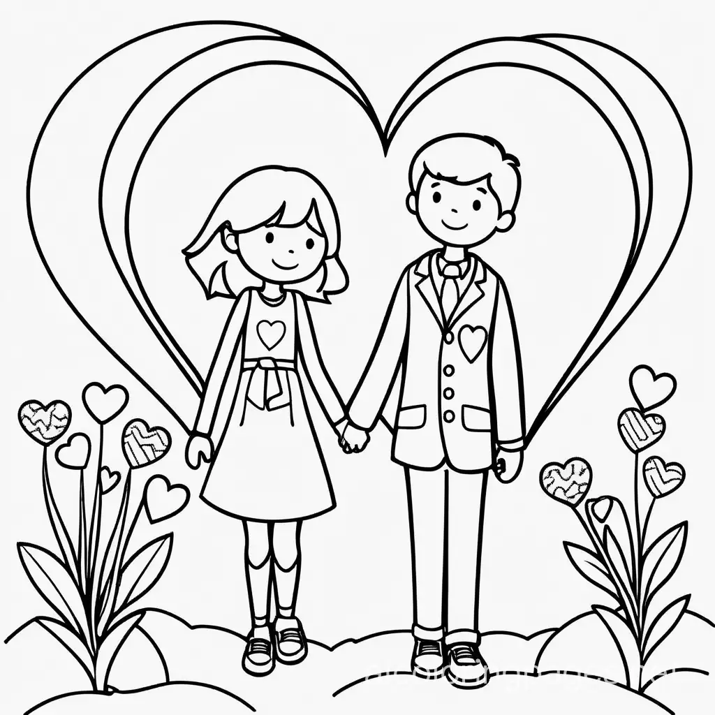 Valentines day couple, Coloring Page, black and white, line art, white background, Simplicity, Ample White Space. The background of the coloring page is plain white to make it easy for young children to color within the lines. The outlines of all the subjects are easy to distinguish, making it simple for kids to color without too much difficulty