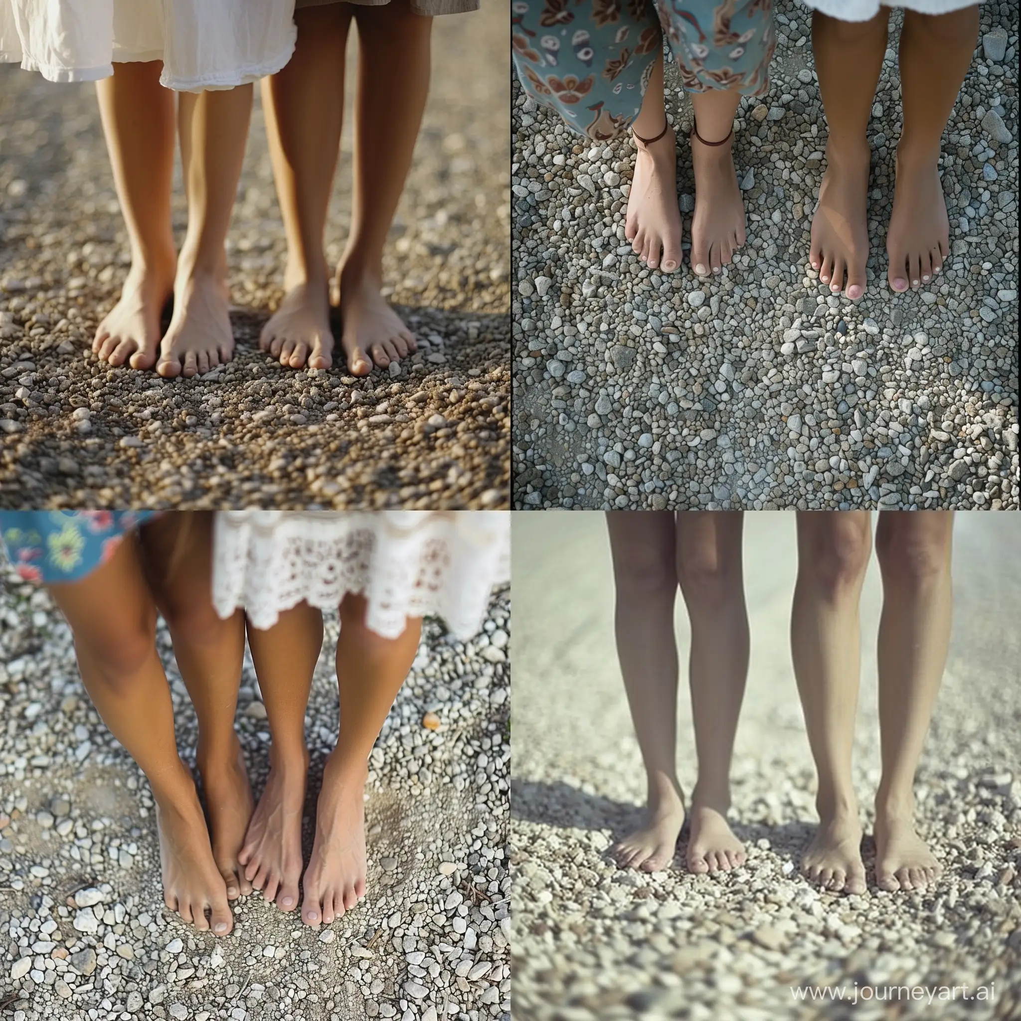 Barefoot women on gravel