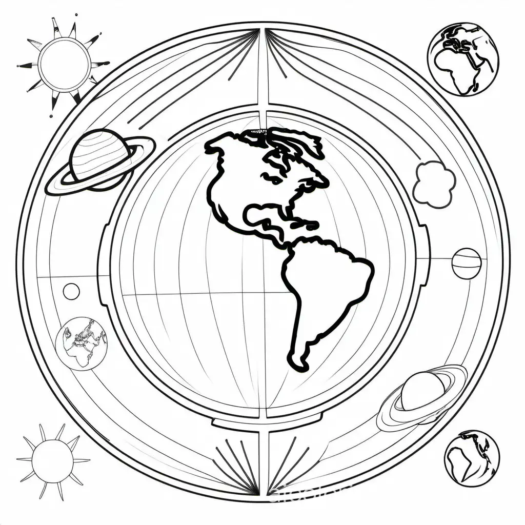 earth's 4 systems, Coloring Page, black and white, line art, white background, Simplicity, Ample White Space. The background of the coloring page is plain white to make it easy for young children to color within the lines. The outlines of all the subjects are easy to distinguish, making it simple for kids to color without too much difficulty