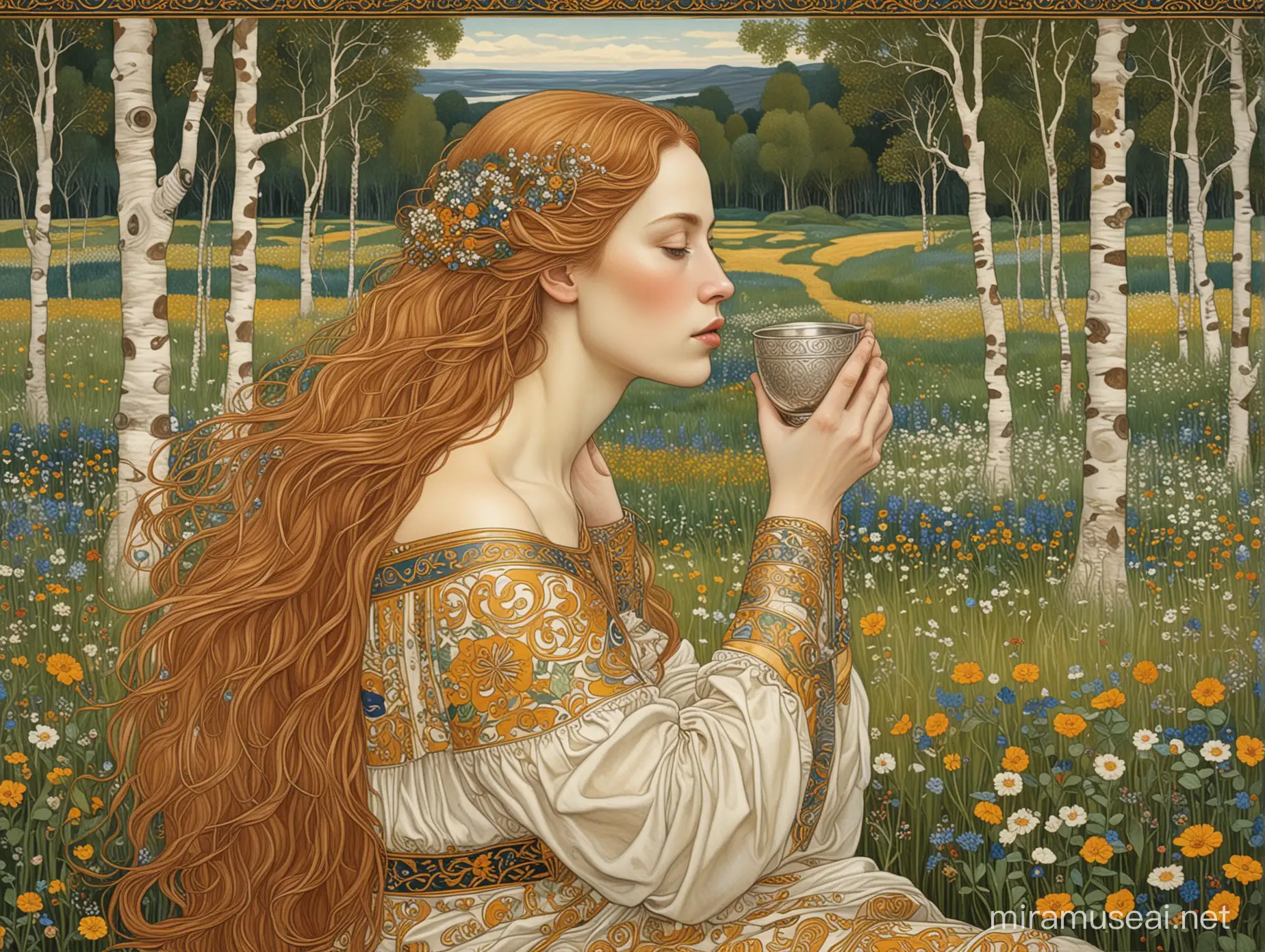 In the style of the painter Gustav Klimt. The graphic has borders with Celtic-style design. In the graphic, you can see a beautiful, medieval, long-haired woman sitting in a flowery meadow and drinking from a silver cup, one day, in the bright morning. In the background there is a birch grove and a distant sea.