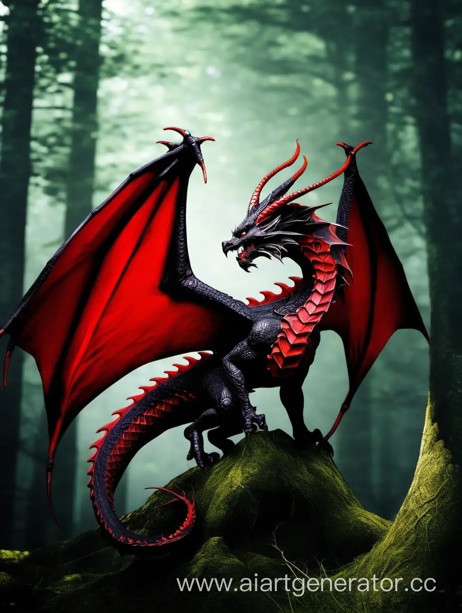 Европейский Черно-красный дракон, в лесу, высокое качество, 