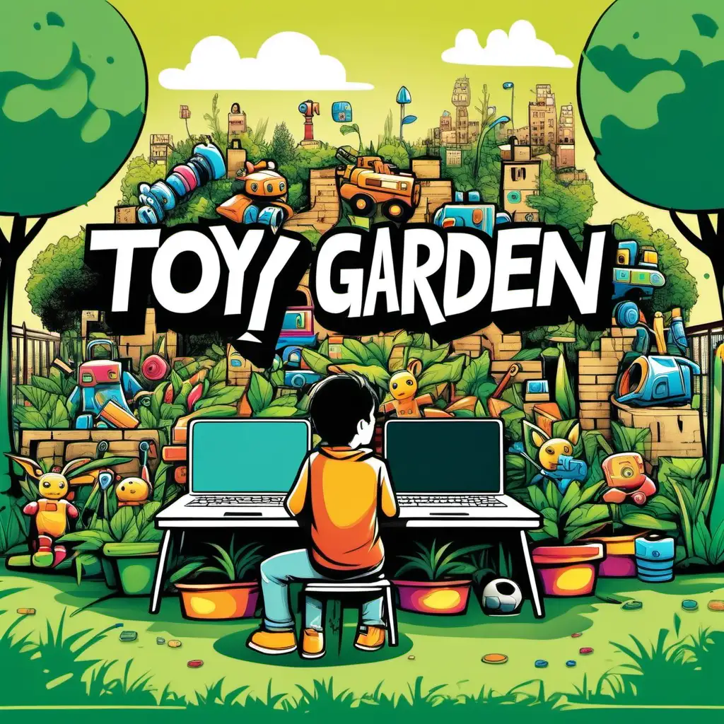 Children hackers working on laptops in a garden filled with toys, the words “toy garden” written on the wall in graffiti-style font, simple, minimalist