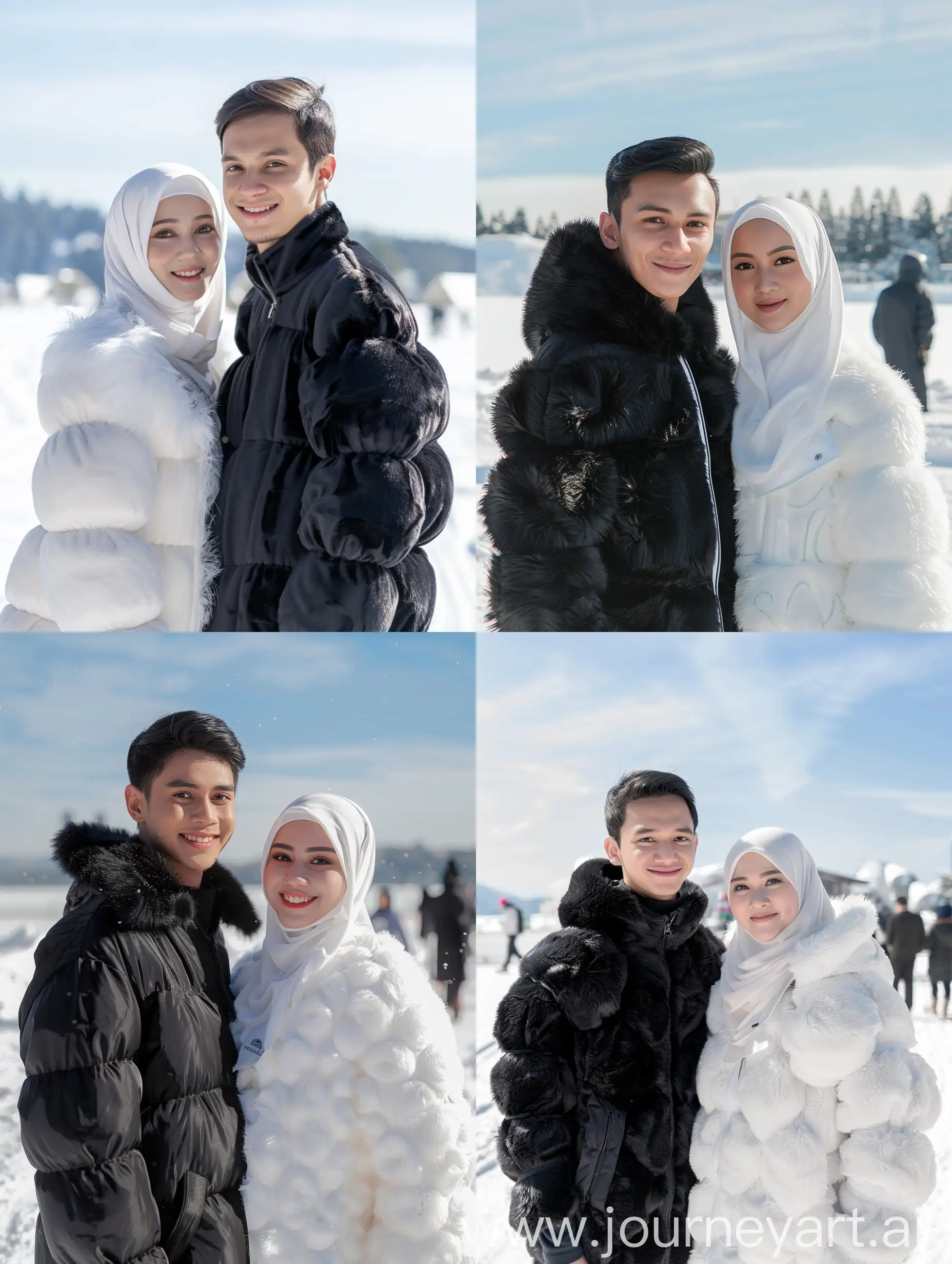 (8K, RAW Photo, Photography, Photorealistic, Realistic, Highest Quality, Intricate Detail), Medium photo of 25 year old Indonesian man, fit, ideal body, oval face, white skin, natural skin, medium hair, wearing a black furry bubble jacket season cold, side by side with a 25 year old Indonesian woman wearing a white hijab, white fluffy winter bubble jacket, they are smiling facing the camera, their eyes are looking at the camera, the corners of their eyes are parallel to the view in the snow behind people walking beautiful clear blue and white sky like real