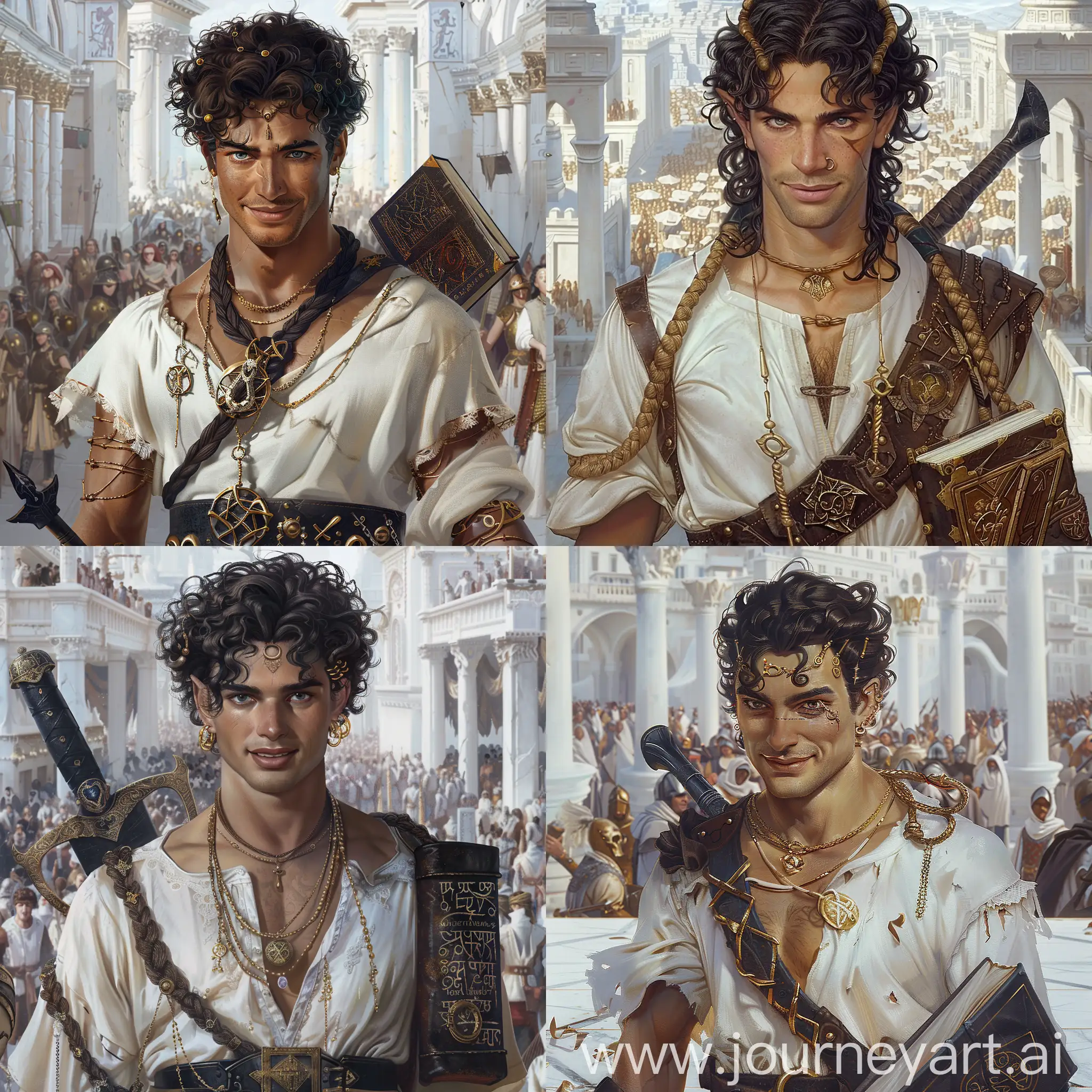 a tanned man with dark brown curly hair, hair braided at the temples, gold jewelry in braids, a soft but courageous face, a kind smile, a beautiful slit of piercing silver eyes, a tall, broad-shouldered guy, a Greek expressive nose and an expressive jaw, wears a book on his belt on the right with strange symbols of dark magic, the book is entangled in chains, on the belt on the left is a black curved sword carrying dark power, wears a beautiful white shirt in medieval style, wears leather armor on the top of the shirt on his chest, and many gold rings on his hands, there are a lot of gold rings in the ears, cinematic perspective, cinematic lighting, the background is a crowded medieval city made of white marble,