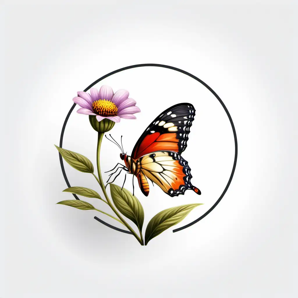 Realistic Butterfly Pollinating Flower Logo on White Background