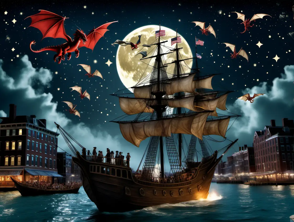 Age Of The Dragons flying over the Boston Tea Party at night with stars and moon