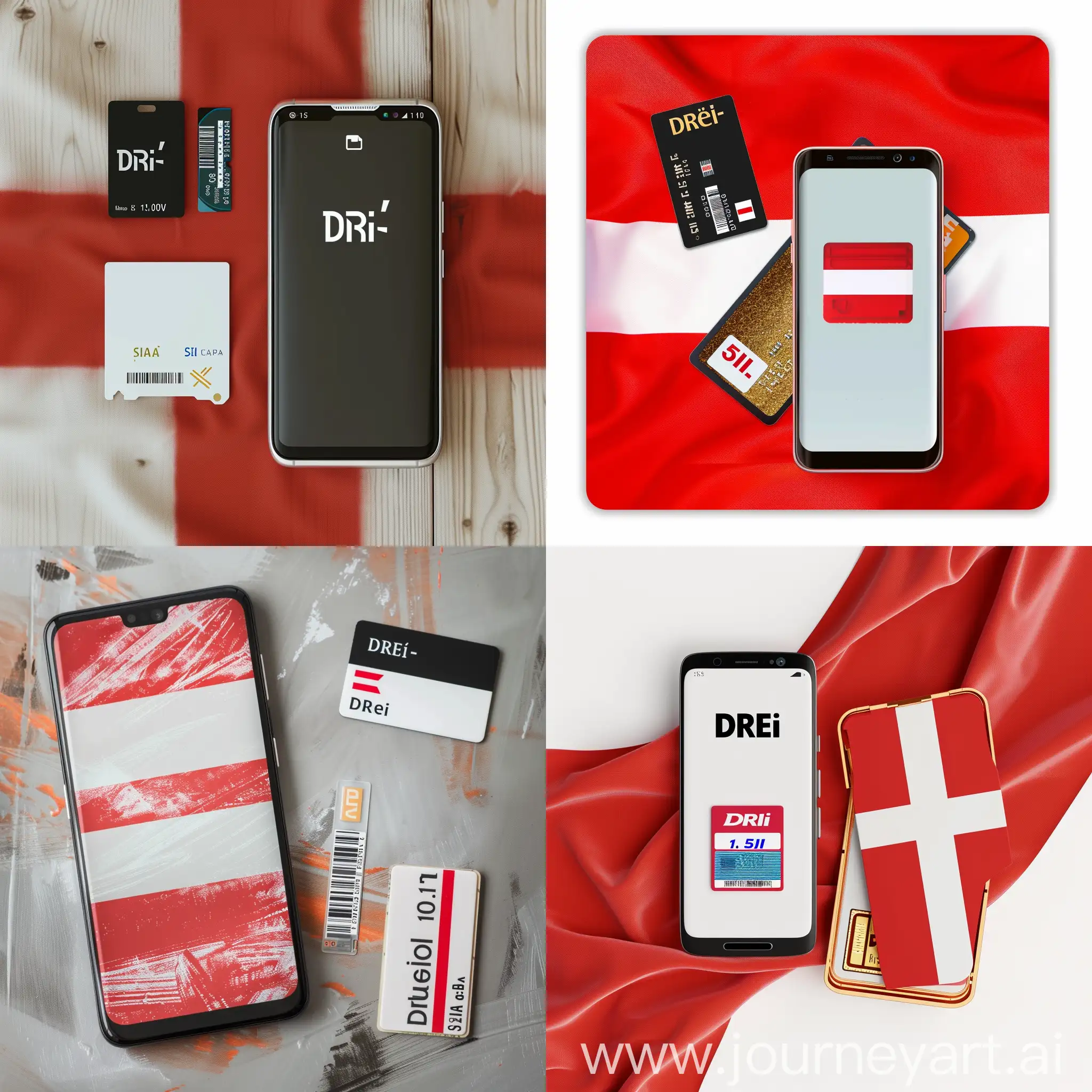 A background related to the Austrian flag, featuring a smart phone and a SIM card. The image must include the text 'Drei' and the text '0.5 USD'.