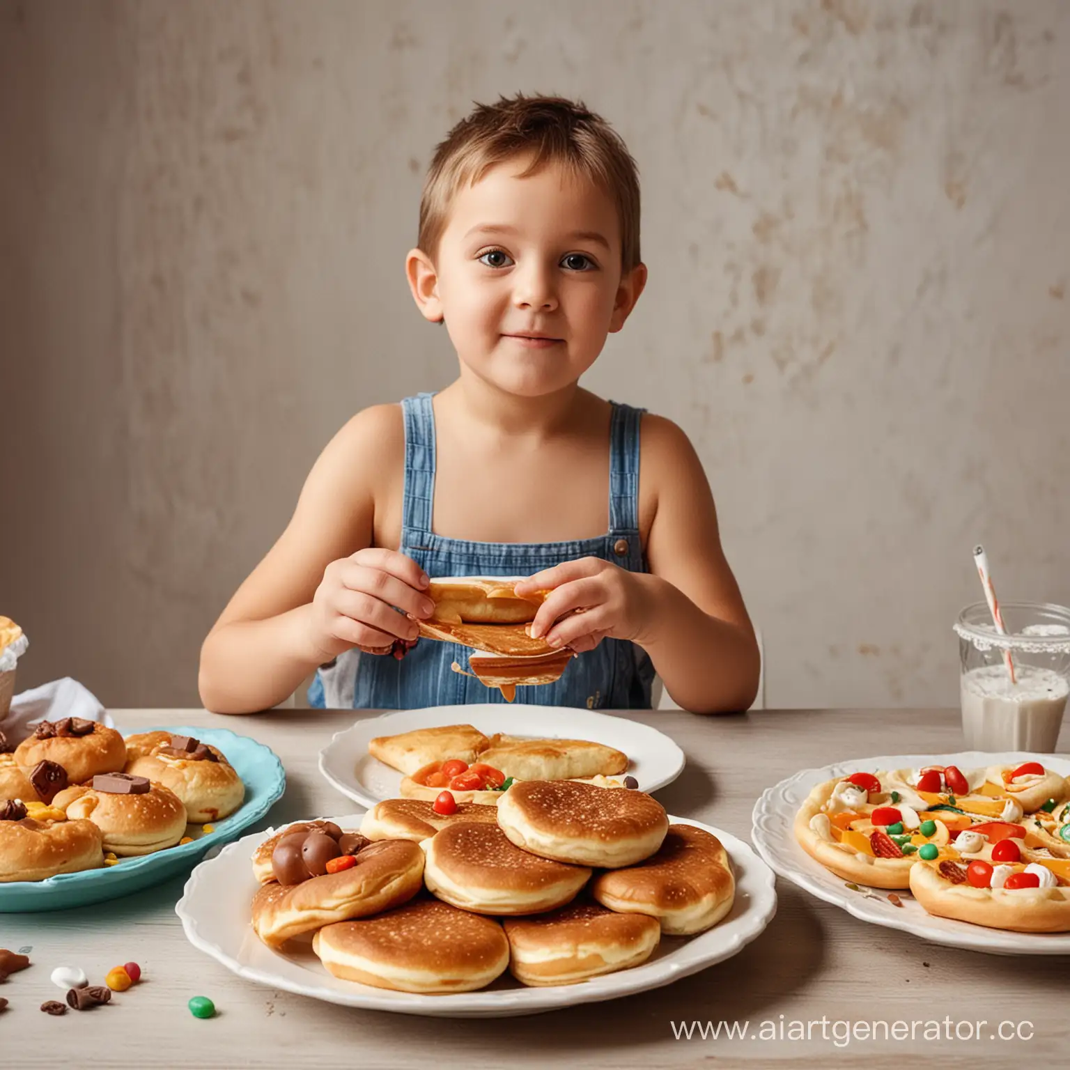 толстый мальчик  7 лет, сидит за столом. На столе в тарелке булочки, блины, пицца, бургеры, конфеты, торт, пироги, ватрушки. рядом стоят бабушка и дедушка в руках у них сладости