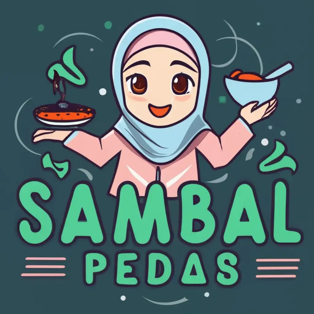 logo, hijab girl, with the text " .. use whatsapp number 083893981372 for order and make an logo ensure sambal and pedas is written correctly and halal is written in arabic or indonesian halal logo, and hijab girl eating it ", typography