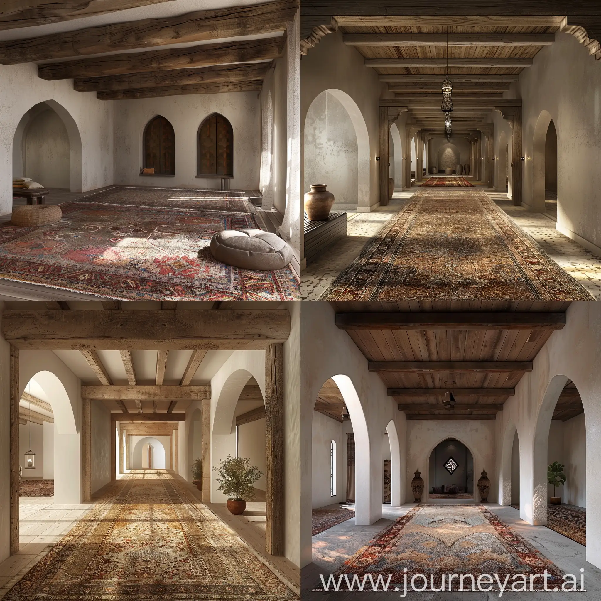 i want an interior of contemporary architecture with a rustic flair. arabic carpets with wooden beams some illusion arches