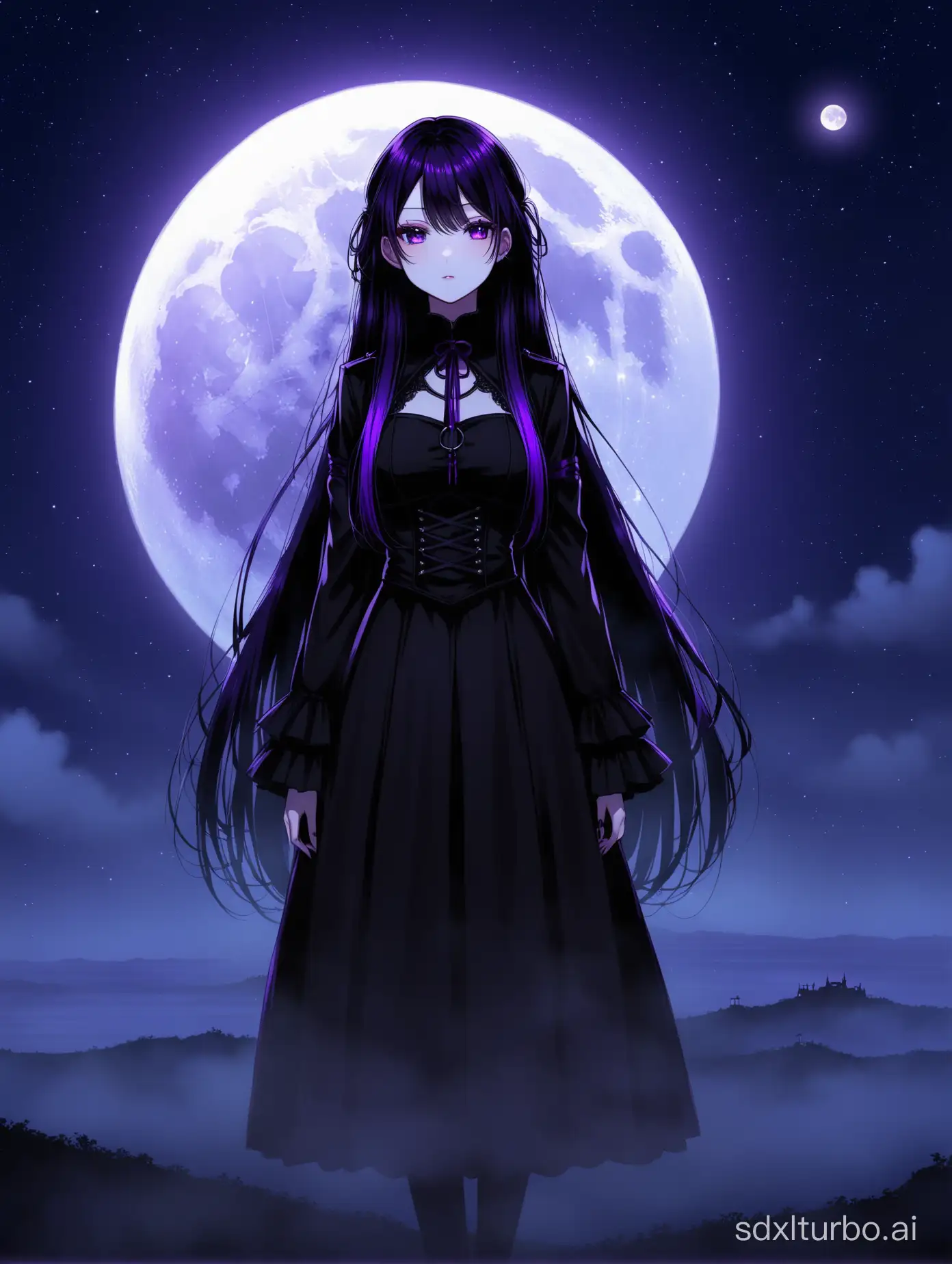 Rei Hino with purple highlights in her long hair, in dark colored Goth clothing, with a lonely narrow moon on the distant horizon with no stars and a foggy background.
