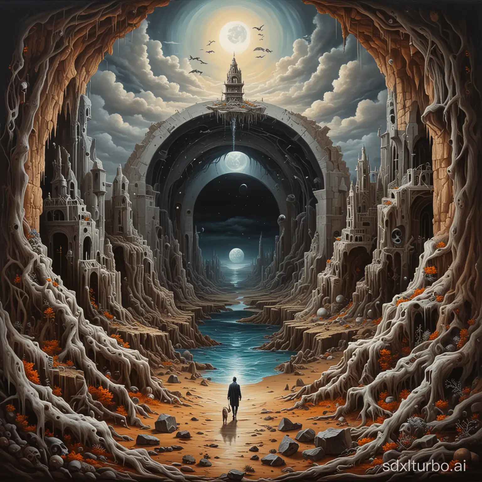 Surrealistic occultistic oil painting of place between life and death