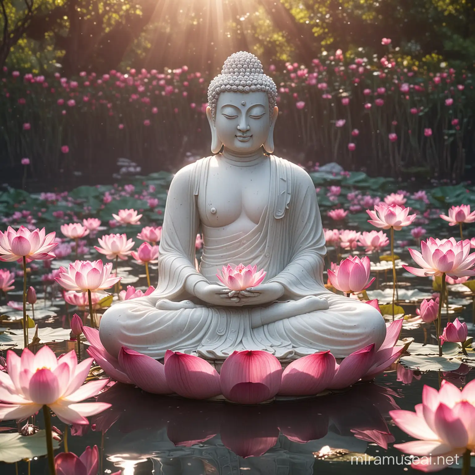 A beautiful white marble Buddha in the posture of concentration sits in a pool of pink lotus flowers. Fantasy lighting, 2K images