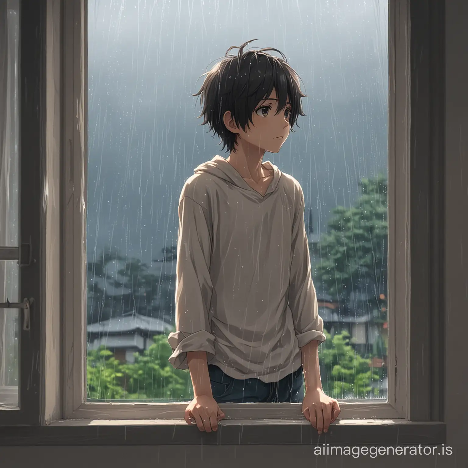 A beautiful anime boy standing in a house window and watching peacefully the raining weather