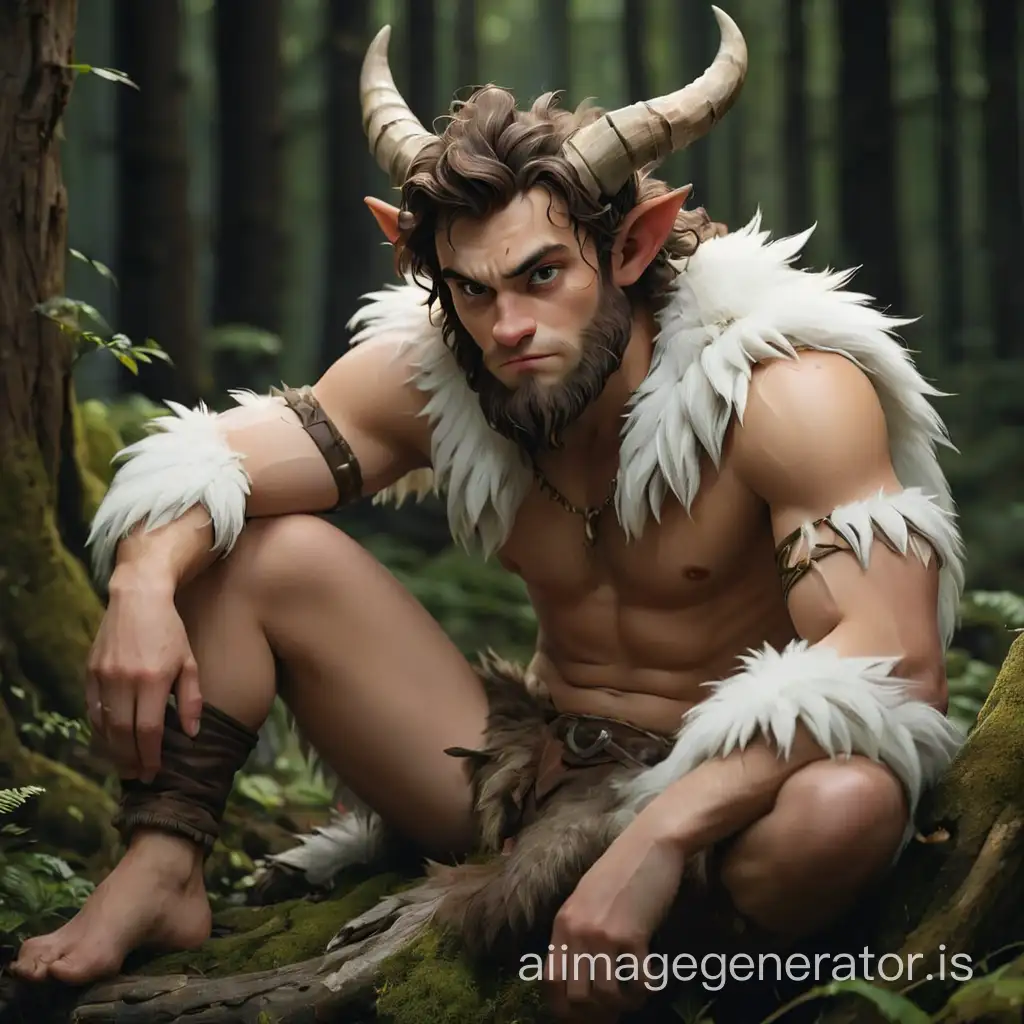 Mythical handsome and youngadult satyr who is tired of life with white fur and broken horns sitting on a bark in dark forest