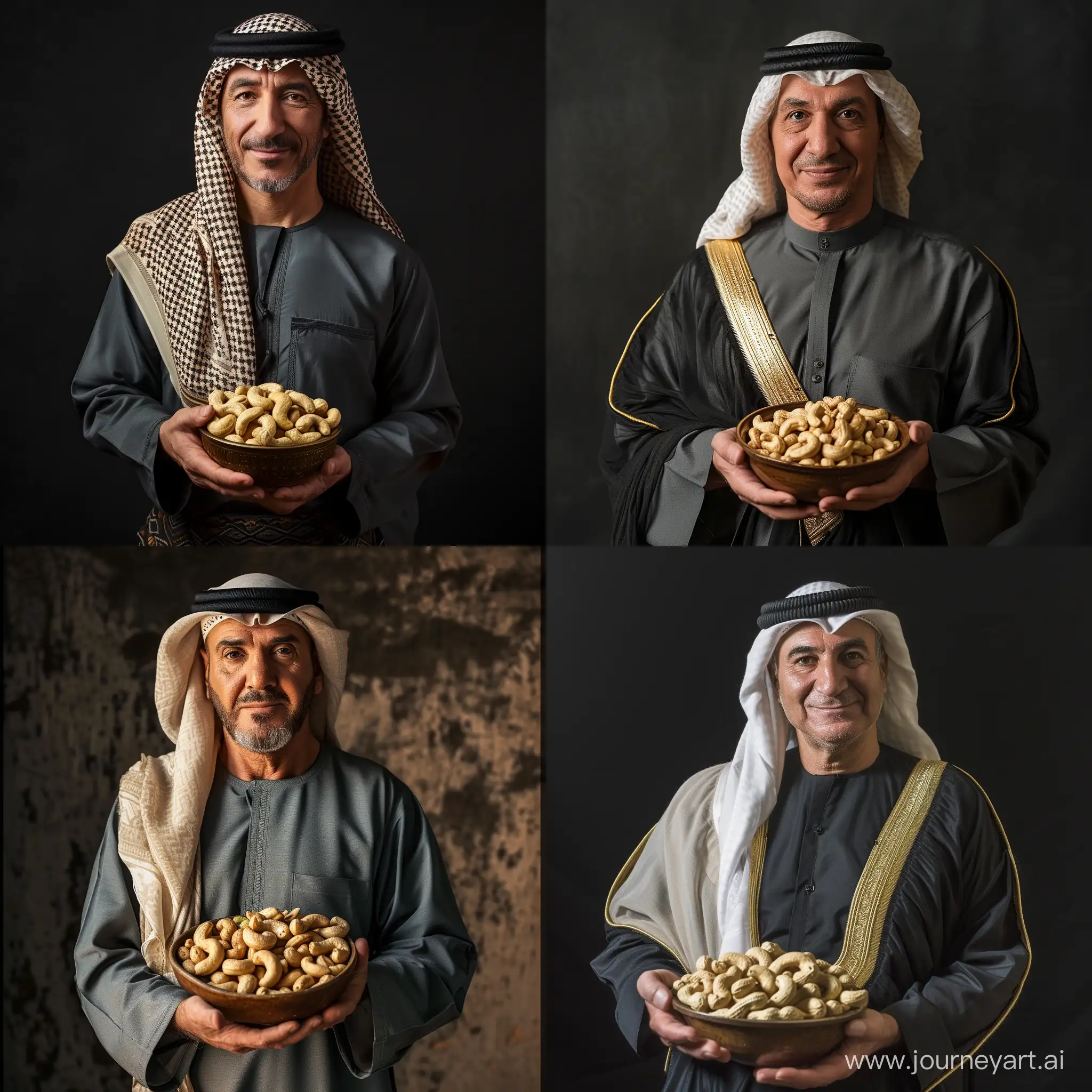 A real photo of a middle-aged man in Arabic dress holding a bowl of cashew nuts.