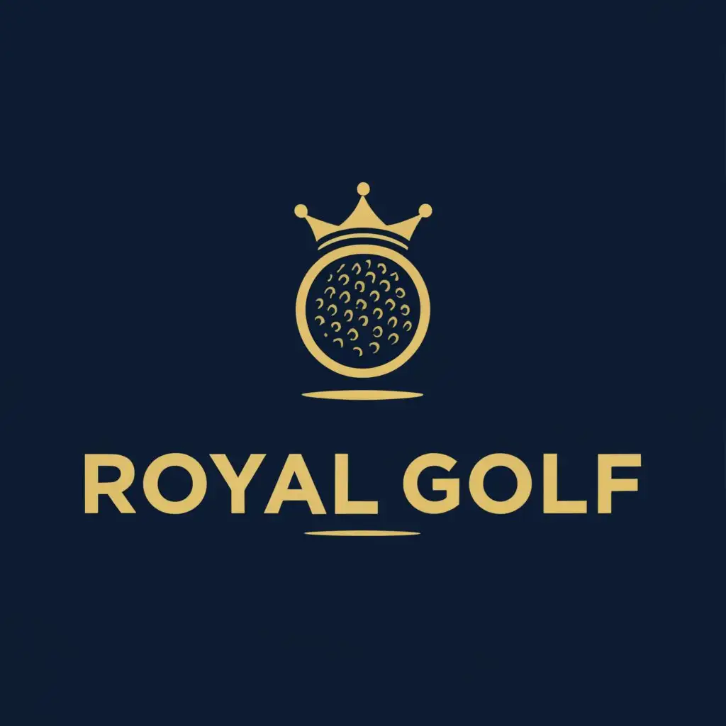a logo design, with the text 'Royal Golf', main symbol: A golf ball with a crown on top of the golf ball, text saying royal golf within the golf ball, Minimalistic, clear dark blue background with a yellow golf ball