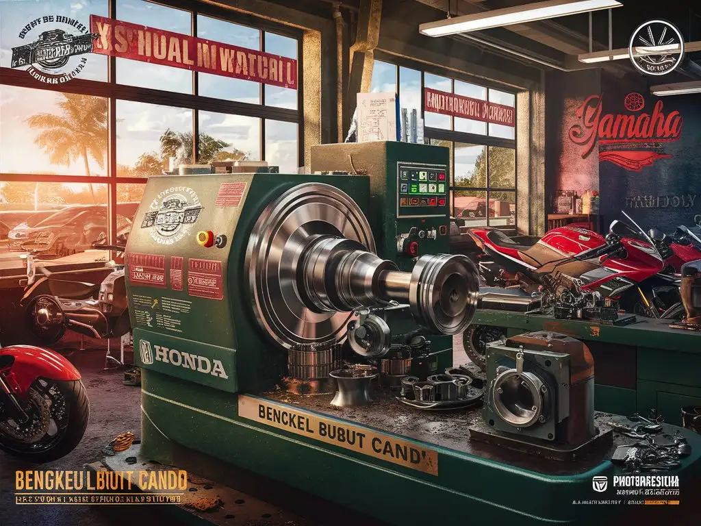 t-shirt design with a "Bengkel Bubut Candi" Lathe Engine machine inside motorcycle workshop, with clear day  outside ,piston lathe parts.3d,photorealistic, style shirt design,some honda and yamaha motorcycle