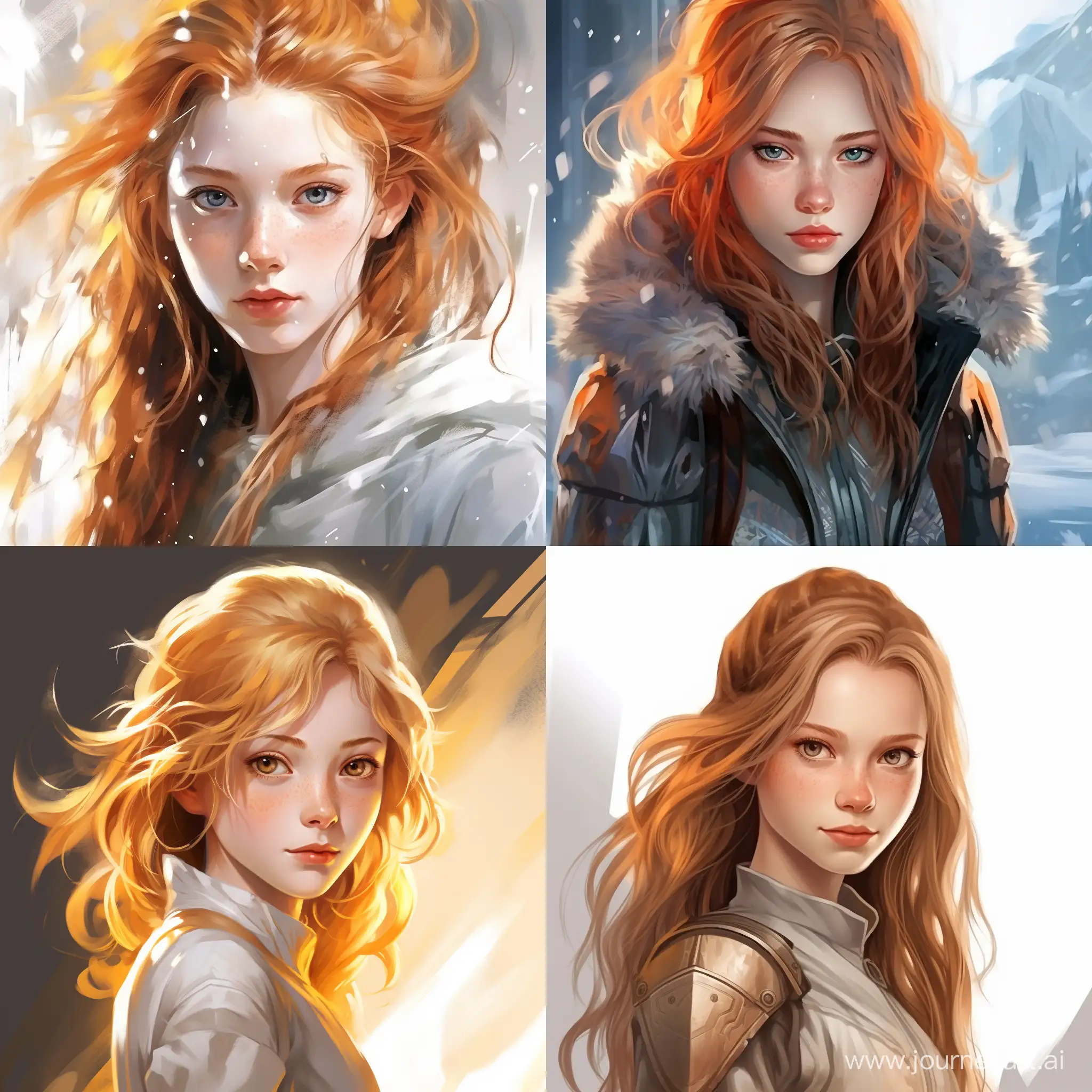 Beautiful girl, golden hair, gray-blue eyes, snow-white skin, teenager, 14 years old, avatar style legend of aang, high quality, high detail, cartoon art