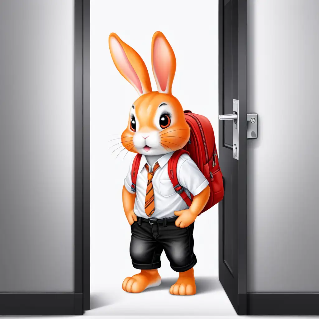Adorable Little Orange Rabbit Standing by the Door with Red Backpack