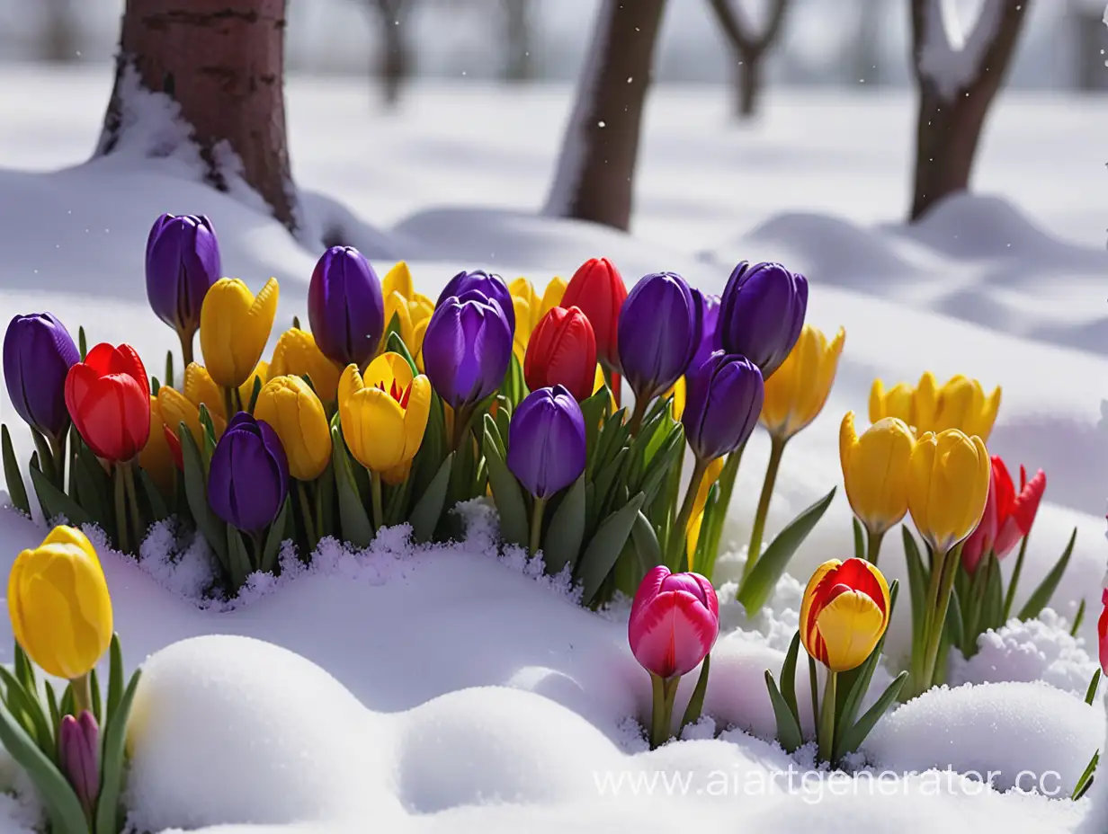 цветы под снегом, крокусы, тюльпаны, весна, красный цвет, желтый, розовый