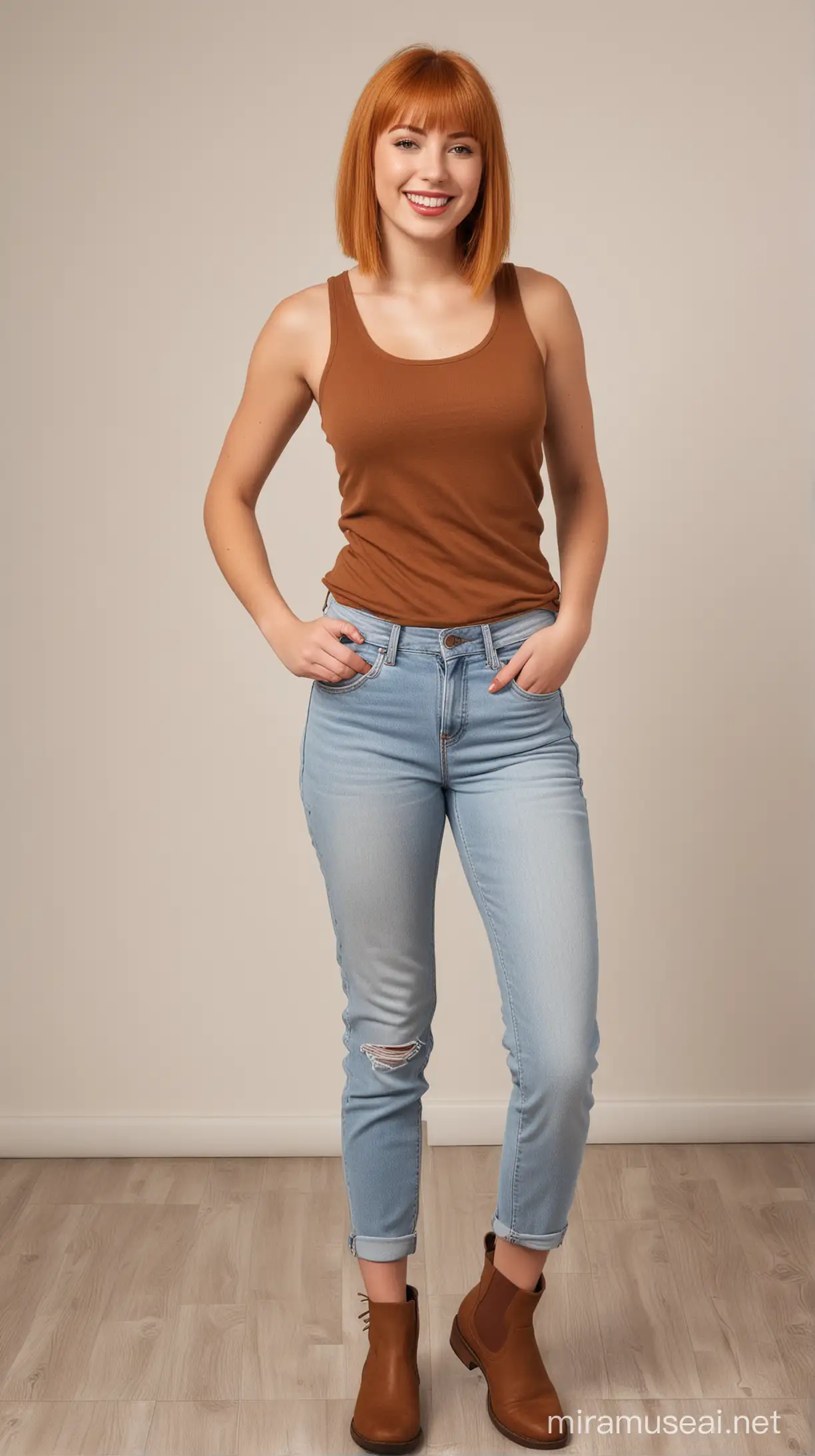 a photo of a white woman, 20 years old, straight orange hair with a fringe, hazel eyes, red lipstick, wearing a white tank top, wearing straight skinny black jeans, wearing brown chelsea boots, smiling, posing naturally, hands in her trouser pockets, indoors, natural light, empty background, full body shot shot, wide angle, front view, HDR, professional details