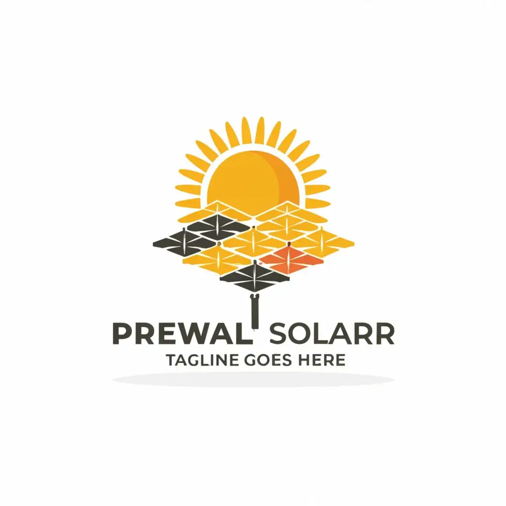 a logo design,with the text 'PREVAIL SOLAR', main symbol:circle logo, sun glory, solar panel on buildings, solar panel on houses, use yellow colour and orange colour, no other colour, Minimalistic,be used in Real Estate industry, clear background