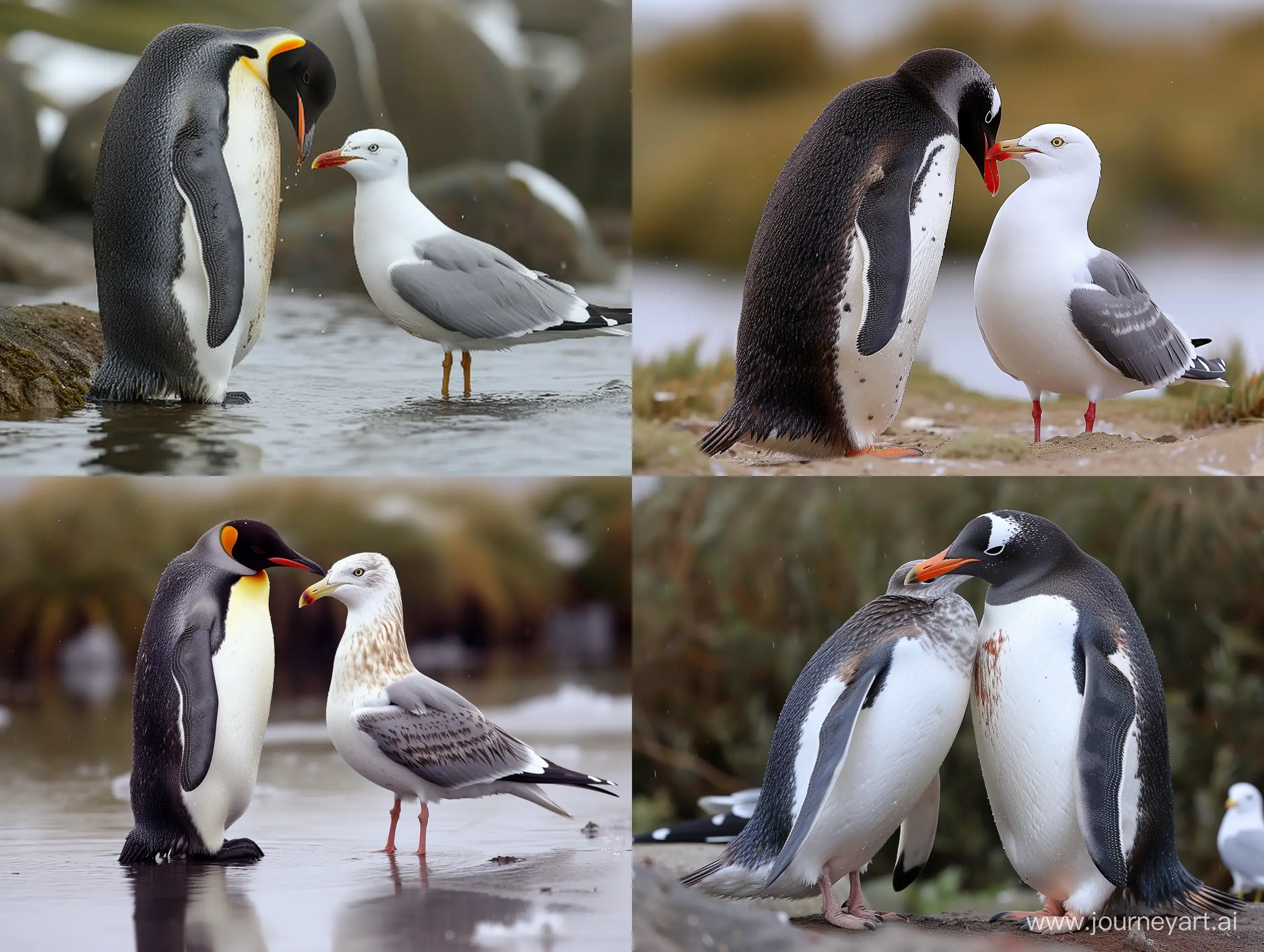 Romantic-Penguin-and-Seagull-Embrace-by-the-Shore