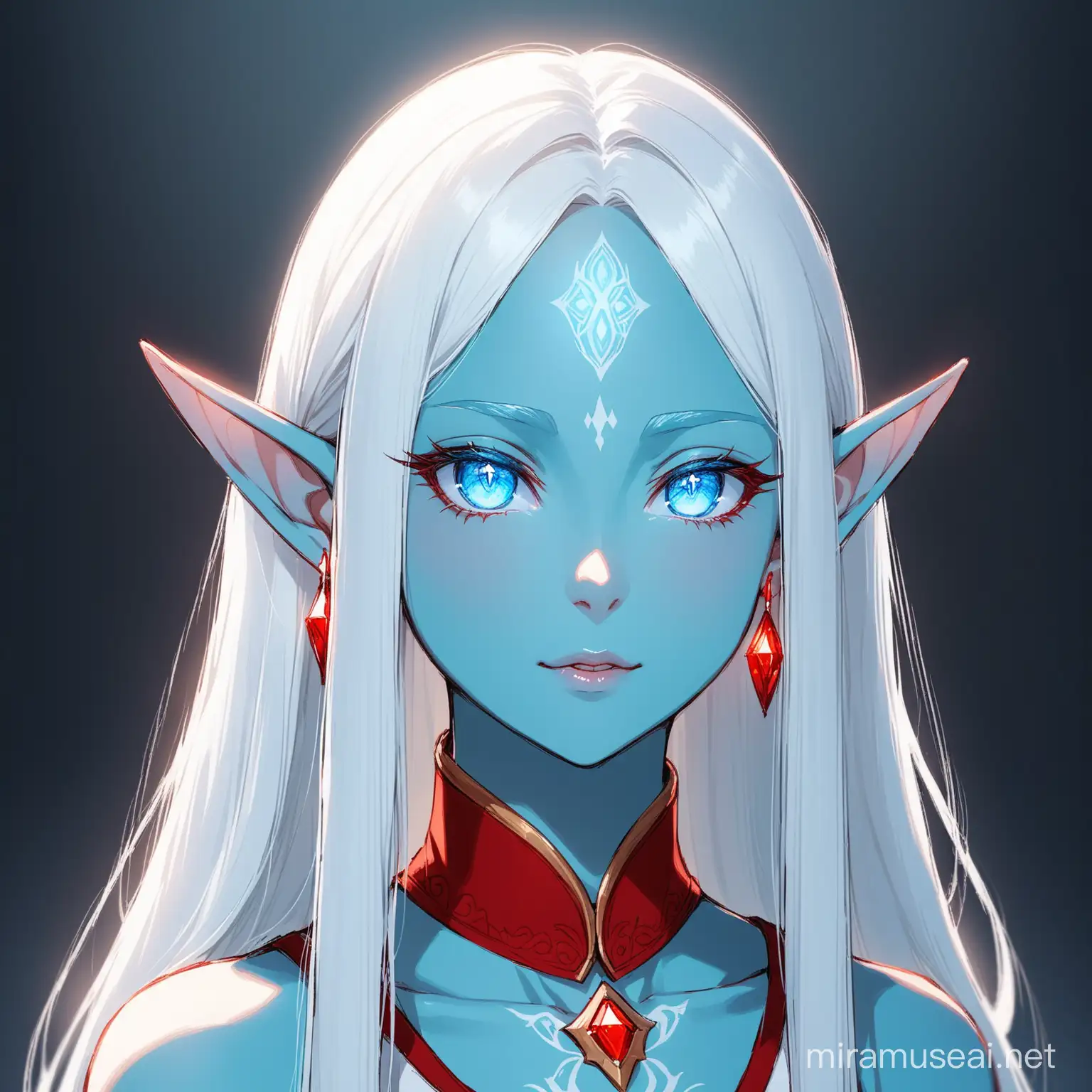 Female with light blue skin and light blue eyes, elf ears, white long straight hair, red earrings