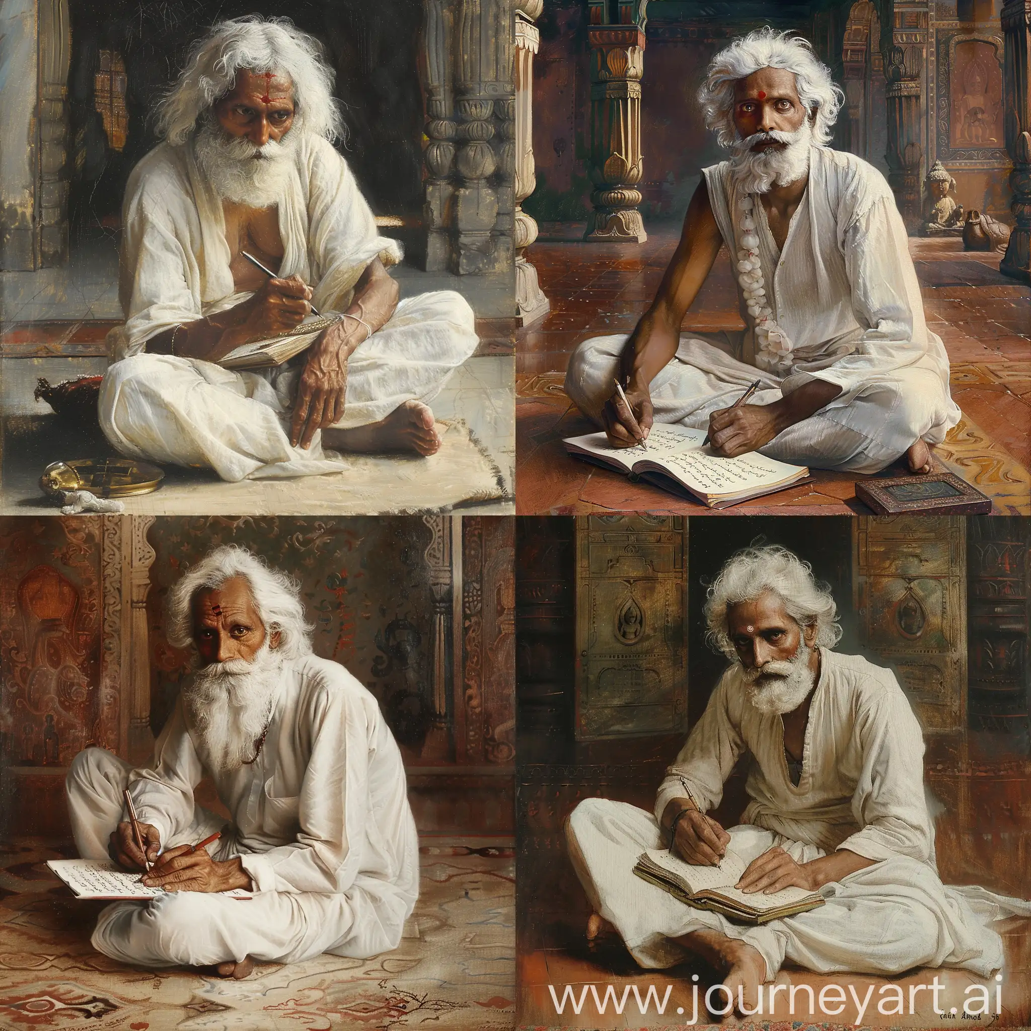 rahimdas indian muslim poet writing a couplet sitting white moustache and beard wearing white clothes, eyes like buddha, sitting on the floor