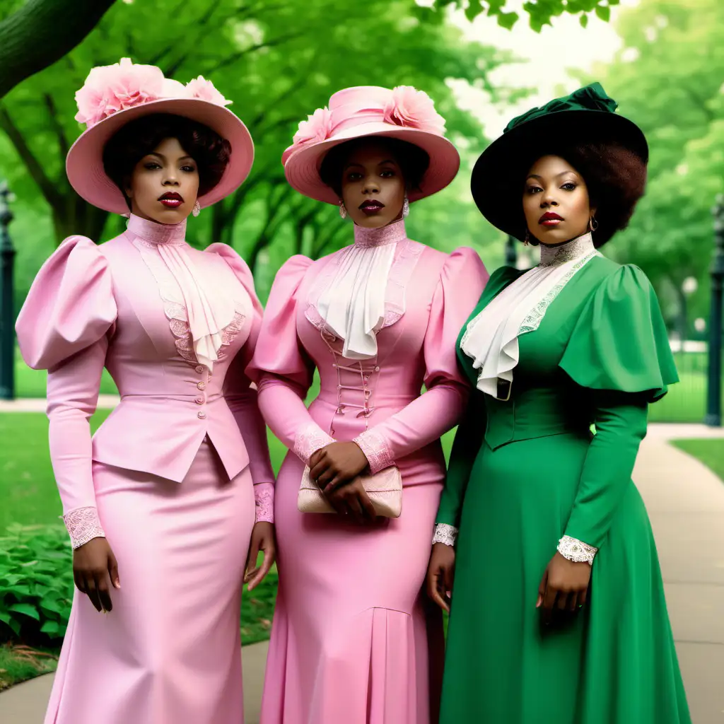 create image of an elegant
three black women from 1908 in front of a park. She wearing pink, green and ivy