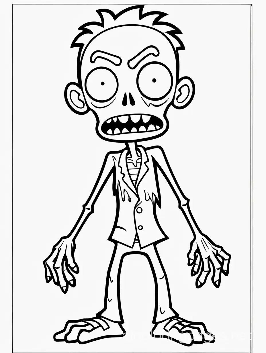 Cartoonish zombie, Coloring Page, black and white, line art, white background, Simplicity, Ample White Space. The background of the coloring page is plain white to make it easy for young children to color within the lines. The outlines of all the subjects are easy to distinguish, making it simple for kids to color without too much difficulty