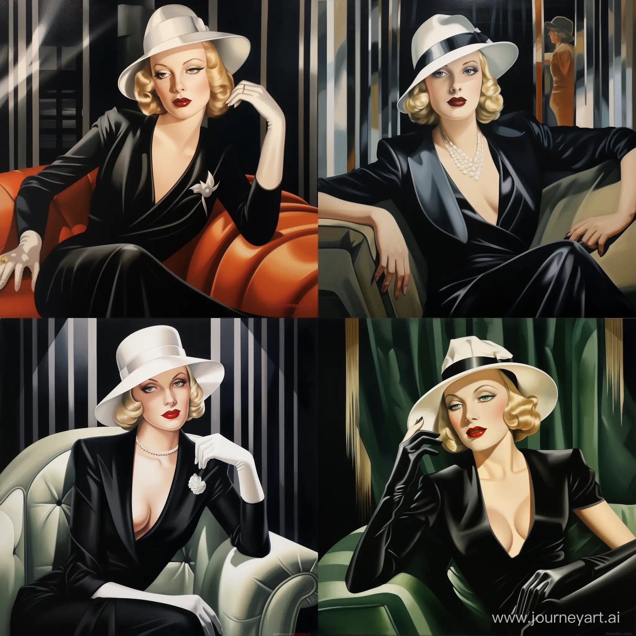 painting in the style of Tamara De Lempicka of a beautiful blonde woman in the 1930's wearing a smart Channel suit and a black hat with one pinned feather on its crowna and a black veil hanging from its brim, the woman is holding a cigarette holder in her black gloved hand, the background is a room that is designed and furnished with a touch of the surreal and colored in gray with gold-leaf gilding, the painting should fill the entire image, Tamara De Lempicka