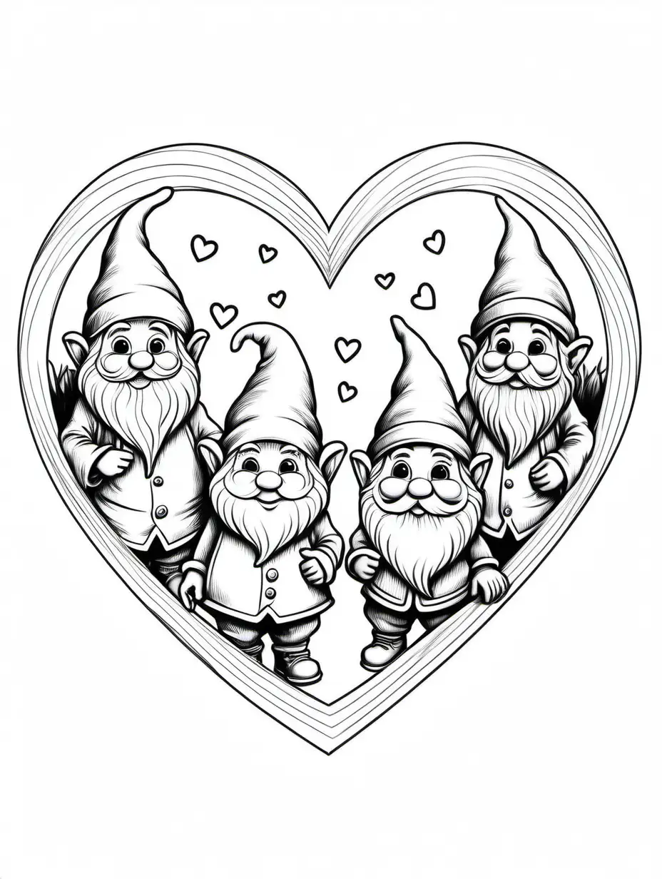 different gnomes inside of a heart, Coloring Page, black and white, line art, white background, Simplicity, Ample White Space. The background of the coloring page is plain white to make it easy for young children to color within the lines. The outlines of all the subjects are easy to distinguish, making it simple for kids to color without too much difficulty