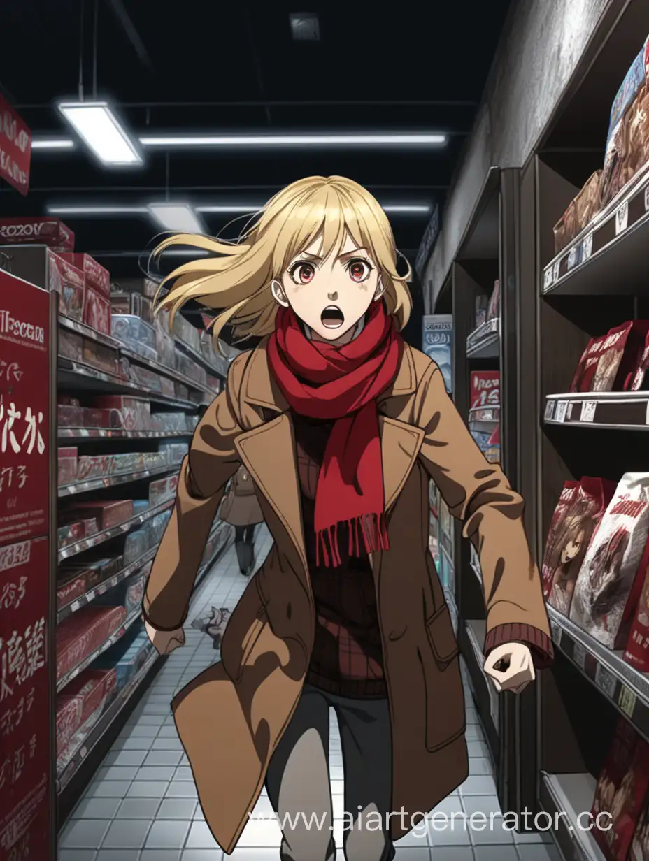 Young woman. Blond hair. A brown coat and a red scarf. The girl runs away from her pursuer through the store hall. She is incredibly scared, It is dark inside the store and there is a frightening atmosphere. She's trying to escape from a maniac! Anime style!