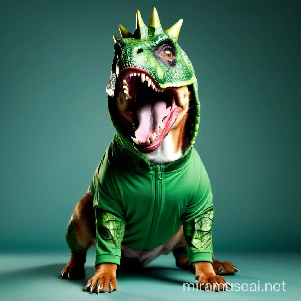 Create image of a dog dressed as dinosaur.